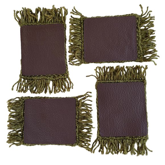 Mug Rugs Coasters Handmade Crochet Variegated Green Fringe Vinyl Back Set of 4 - Picture 8 of 11